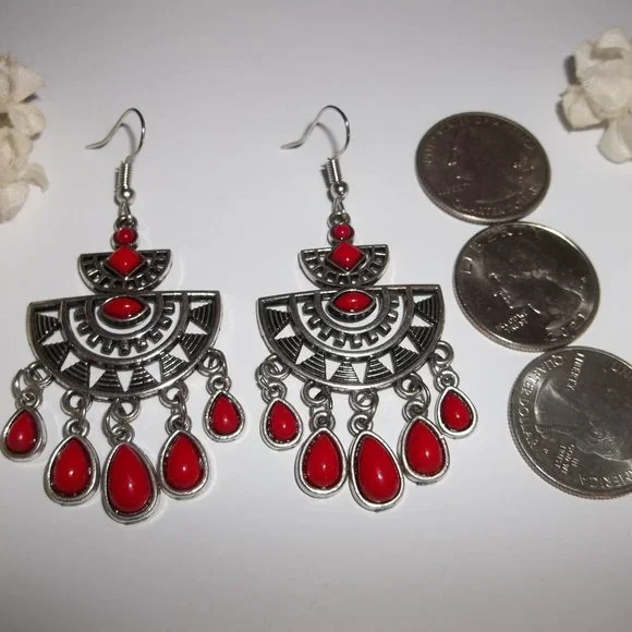 Chandelier Earring Red and Silver Dangle Drop Southwestern Boho Style Set A486 - Picture 3 of 5